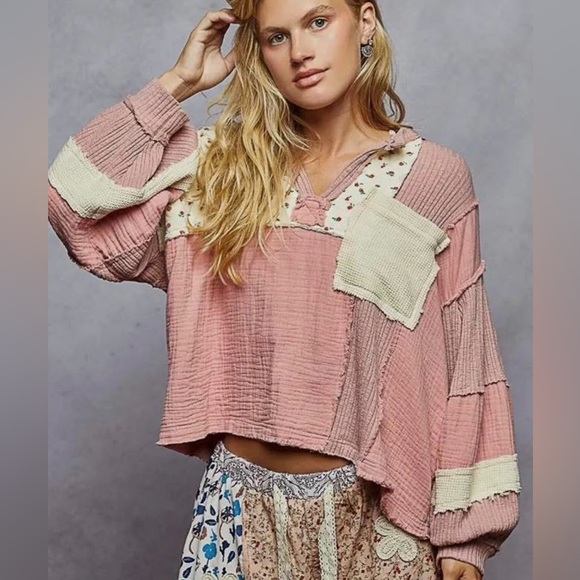 POL Tops - NWT POL Oversized Quilted Patchwork Top in Dusty Pink Size Large